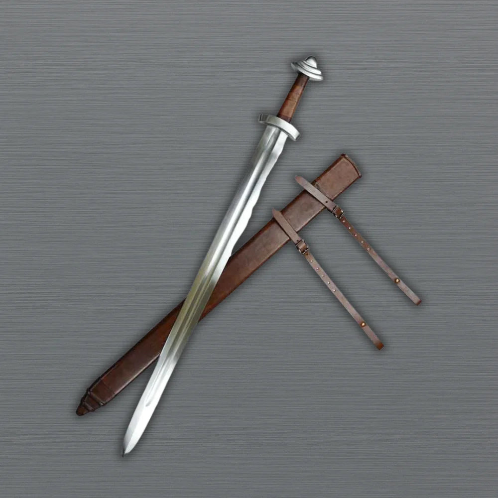 Viking Sword with a brown sheath on a gray background