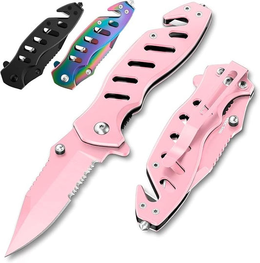 Pink Folding Pocket 6.61" Knife Serrated Blade for Women
