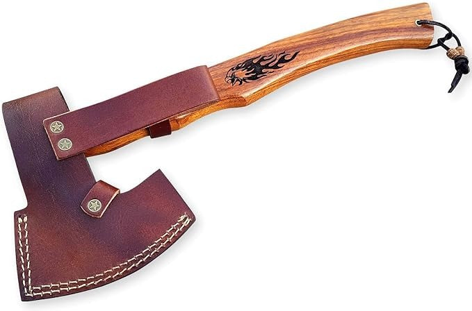 Hand-Forged Damascus Axe with Wooden Handle & Sheath