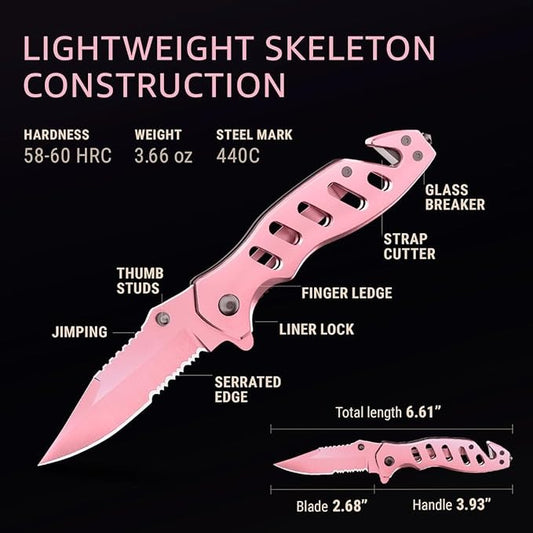 Pink Folding Pocket 6.61" Knife Serrated Blade for Women