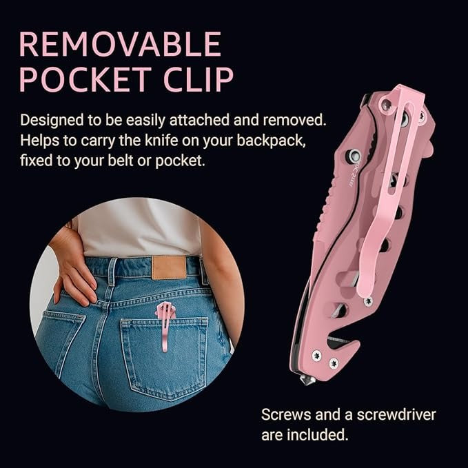 Pink Folding Pocket 6.61" Knife Serrated Blade for Women
