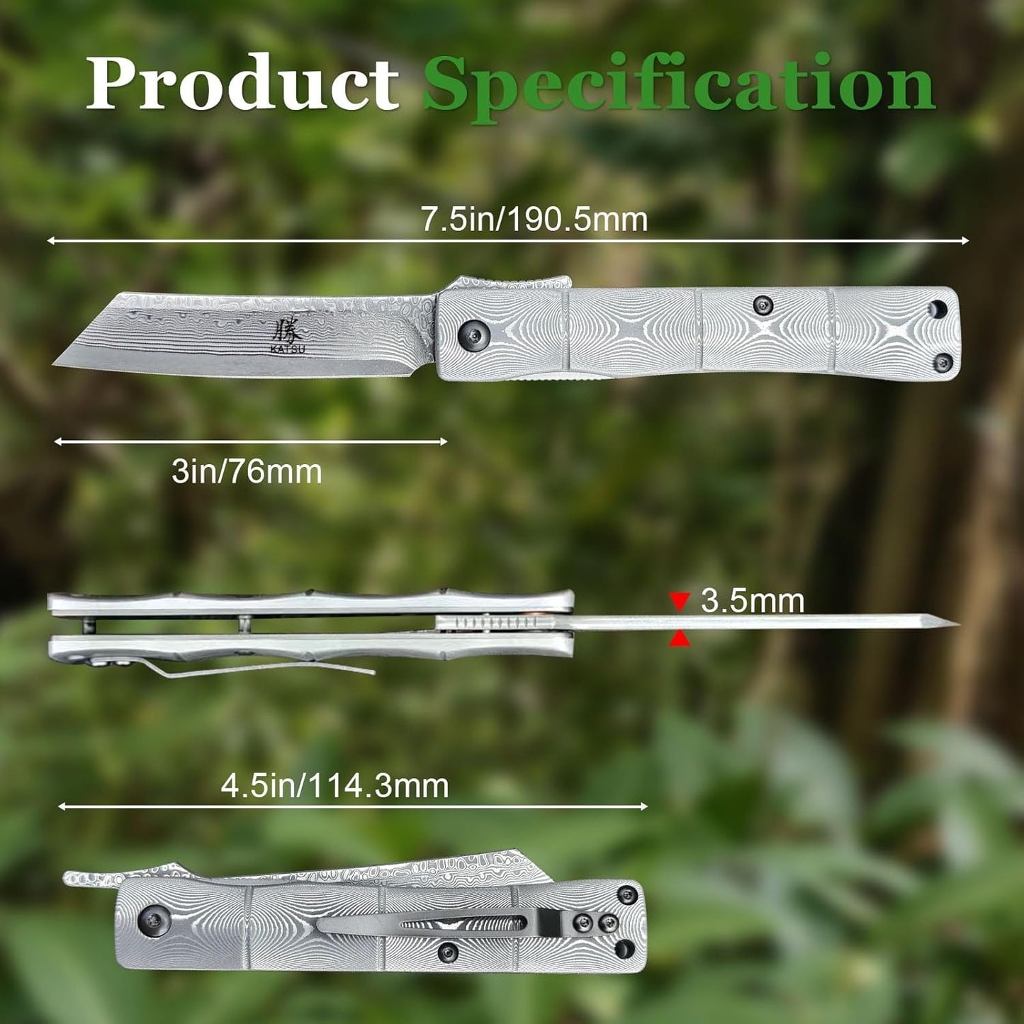 Damascus Folding 7" Knife Bamboo Style with Clip & Sheath