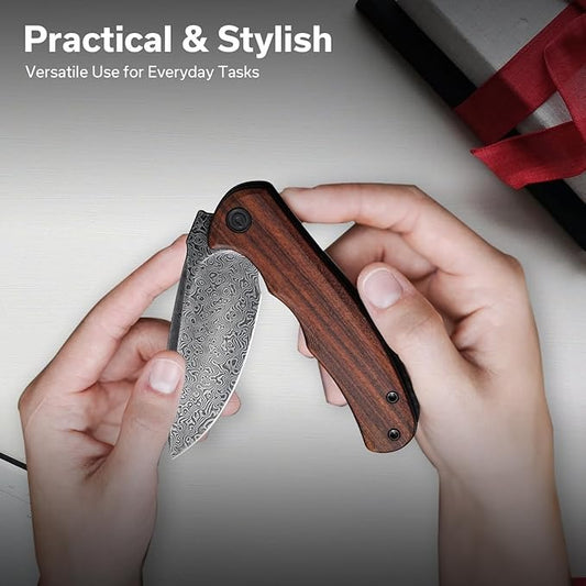 Wood Handle Damascus Mini Folding Pocket 2.98" Knife