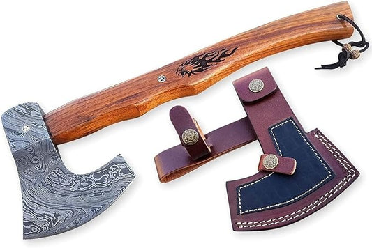 Hand-Forged Damascus Axe with Wooden Handle & Sheath