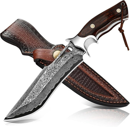 Full Tang Damascus Hunting 10.4" Knife Rosewood Handle
