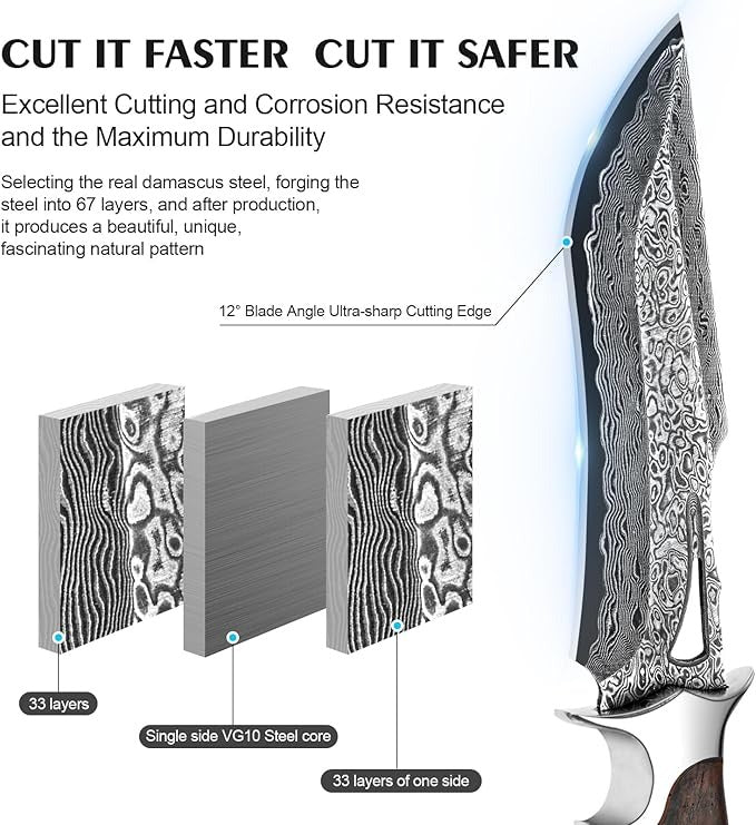 Full Tang Damascus Hunting 10.4" Knife Rosewood Handle