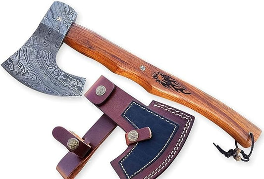 Hand-Forged Damascus Axe with Wooden Handle & Sheath