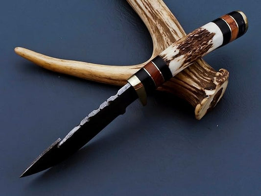 Gut Hook Damascus Hunting 8" Knife Stag Horn Handle