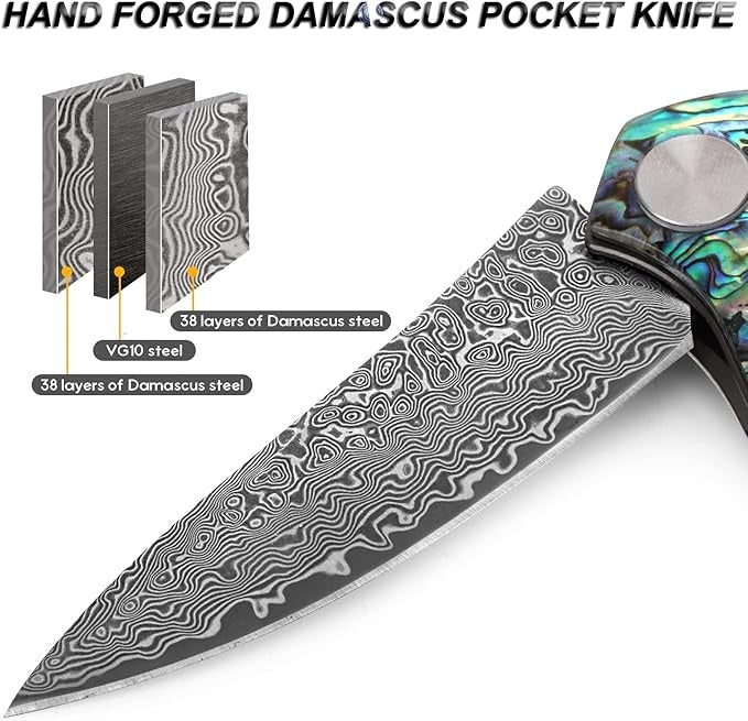 Damascus VG10 Folding Knife With Clip & Sheath