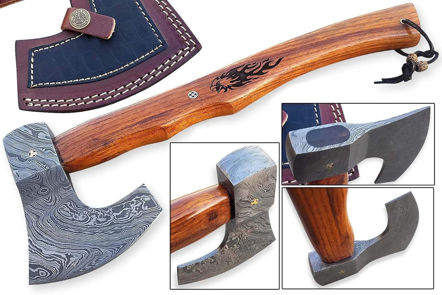 Hand-Forged Damascus Axe with Wooden Handle & Sheath