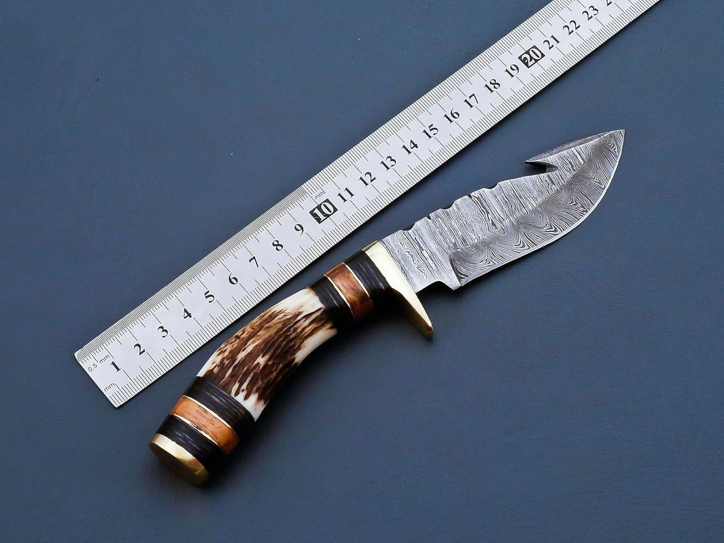 Gut Hook Damascus Hunting 8" Knife Stag Horn Handle