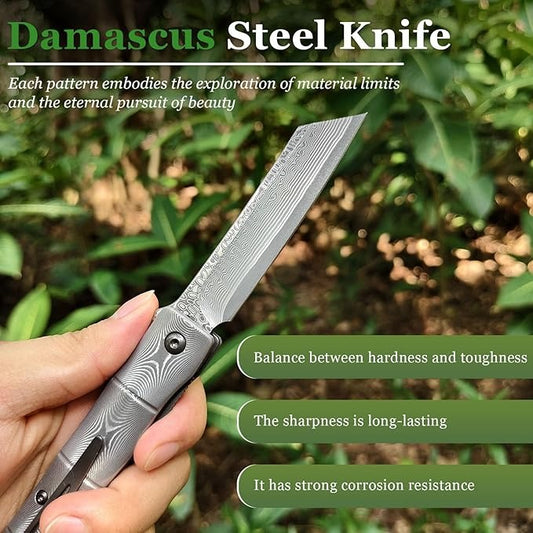 Damascus Folding 7" Knife Bamboo Style with Clip & Sheath