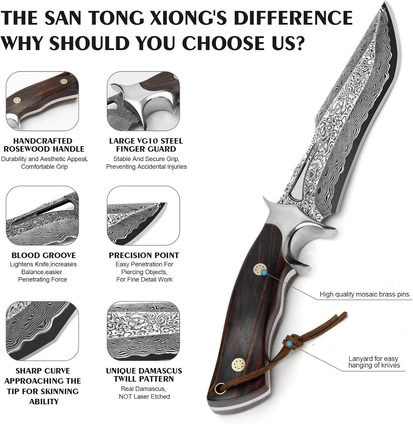 Full Tang Damascus Hunting 10.4" Knife Rosewood Handle