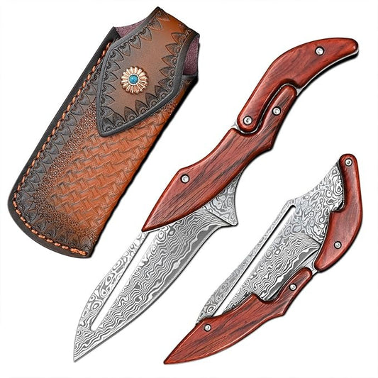 Sandalwood Handle Damascus Folding Pocket Knife