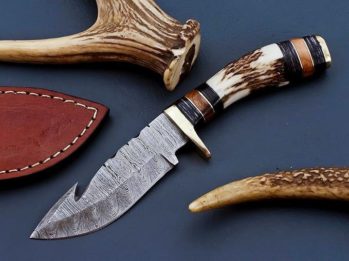 Gut Hook Damascus Hunting 8" Knife Stag Horn Handle