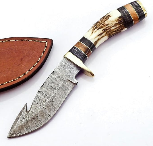 Gut Hook Damascus Hunting 8" Knife Stag Horn Handle