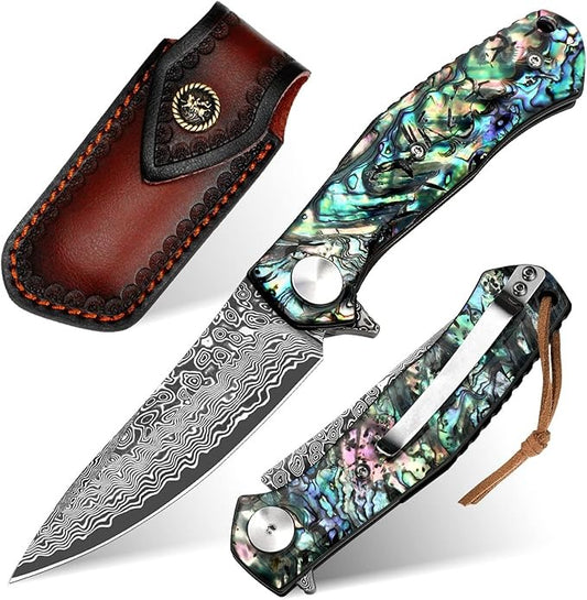 Damascus VG10 Folding Knife With Clip & Sheath