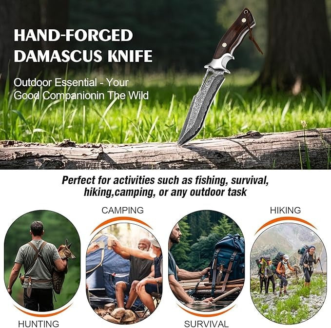 Full Tang Damascus Hunting 10.4" Knife Rosewood Handle