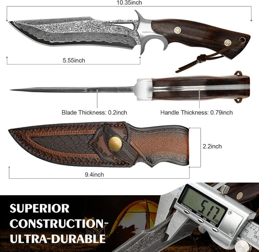 Full Tang Damascus Hunting 10.4" Knife Rosewood Handle