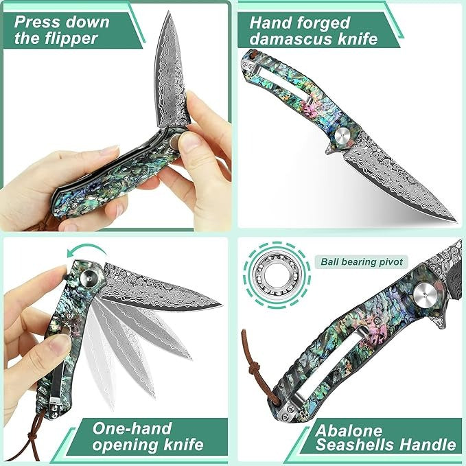 Damascus VG10 Folding Knife With Clip & Sheath