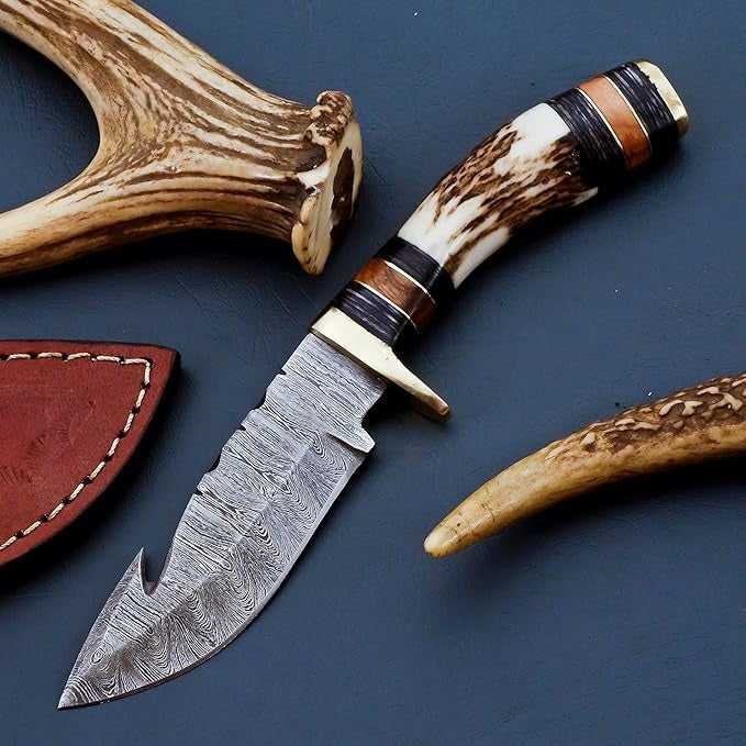 Gut Hook Damascus Hunting 8" Knife Stag Horn Handle