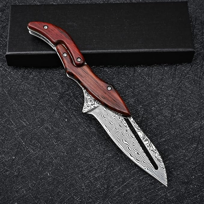 Sandalwood Handle Damascus Folding Pocket Knife
