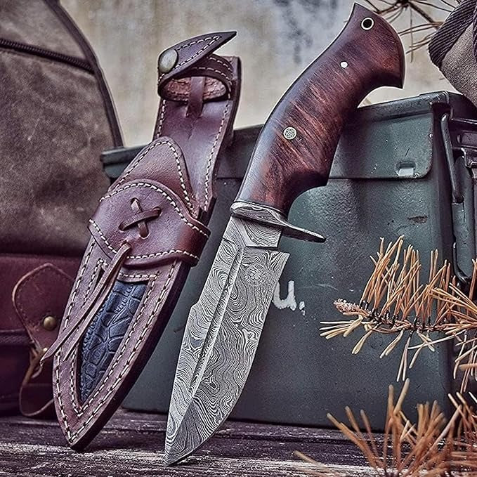Handmade Damascus Hunting 10" Knife Walnut Wood Handle