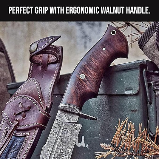 Handmade Damascus Hunting 10" Knife Walnut Wood Handle