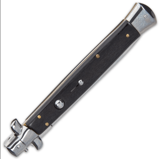 Automatic Italian Black Stiletto Knife - Stainless Steel Blade, Acrylic Handle Scales, Push Button Open, Swivel Lock