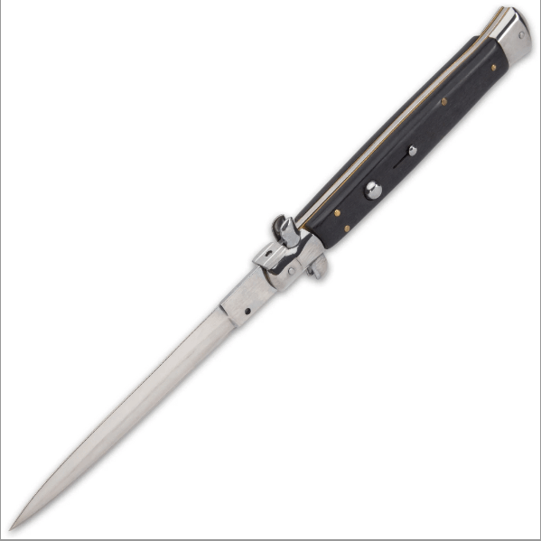 Automatic Italian Black Stiletto Knife - Stainless Steel Blade, Acrylic Handle Scales, Push Button Open, Swivel Lock