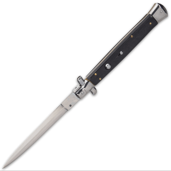 Automatic Italian Black Stiletto Knife - Stainless Steel Blade, Acrylic Handle Scales, Push Button Open, Swivel Lock