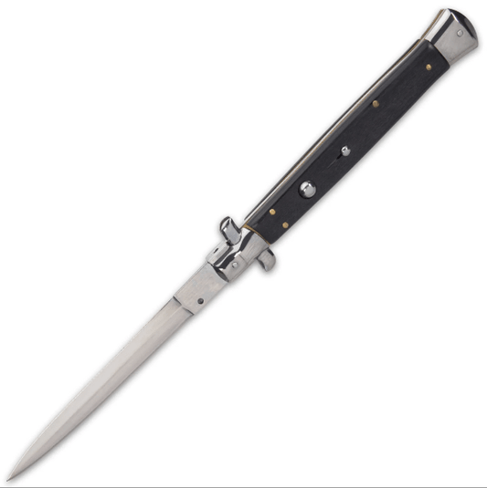 Automatic Italian Black Stiletto Knife - Stainless Steel Blade, Acrylic Handle Scales, Push Button Open, Swivel Lock