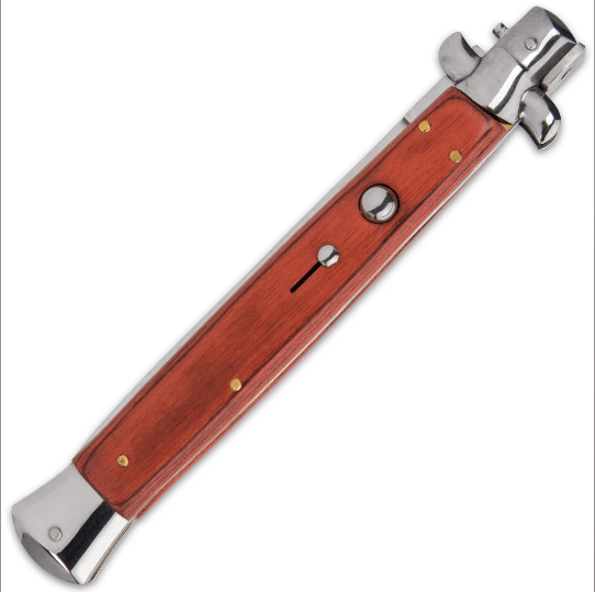 Automatic Italian Wooden Stiletto - Stainless Steel Blade, Wooden Handle Scales, Push Button Open, Swivel Lock