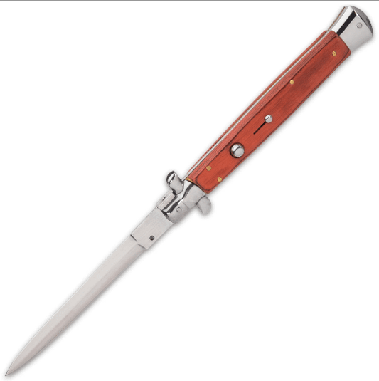 Automatic Italian Wooden Stiletto - Stainless Steel Blade, Wooden Handle Scales, Push Button Open, Swivel Lock