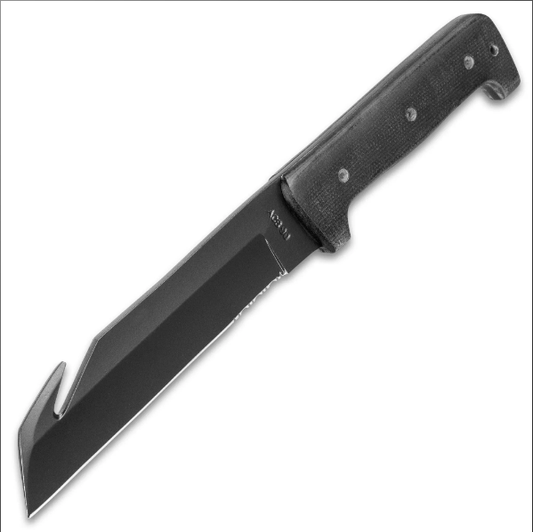 BATTLEFIELD KOMMANDO KNIFE WITH SHEATH - CARBON STEEL BLADE, NON-REFLECTIVE FINISH, MICARTA HANDLE - LENGTH 12 3/4”