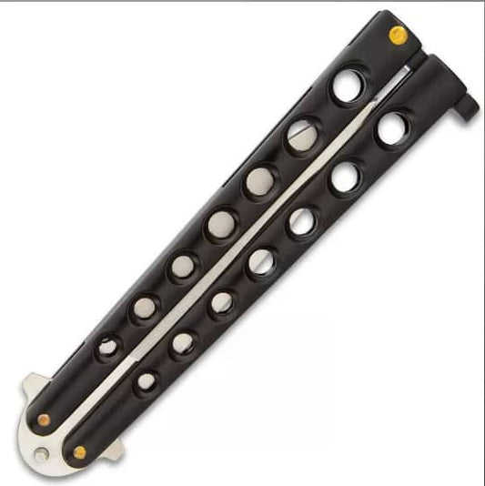 Black Beast Butterfly Knife - Stainless Steel Blade, Skeletonized Handle, Latch Lock, Steel Handle, Double Flippers - Length 9”