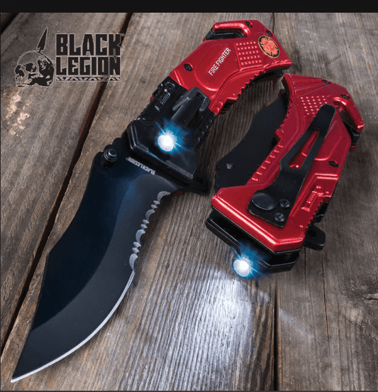 BLACK LEGION FIREFIGHTER EVERYDAY CARRY ASSISTED OPENING POCKET KNIFE WITH BUILT-IN FLASHLIGHT