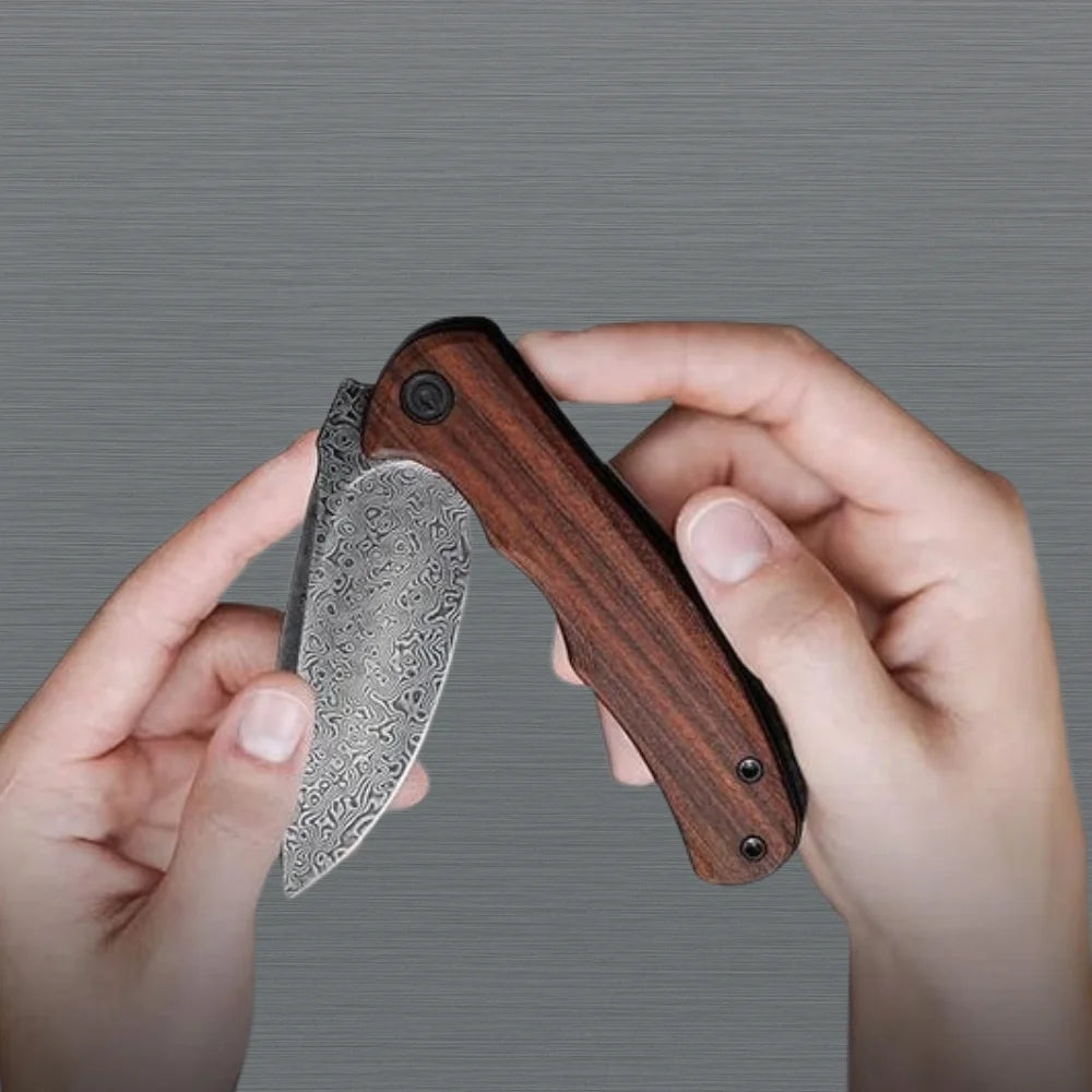 Folding Pocket Knife Damascus Blade & Wood Handle