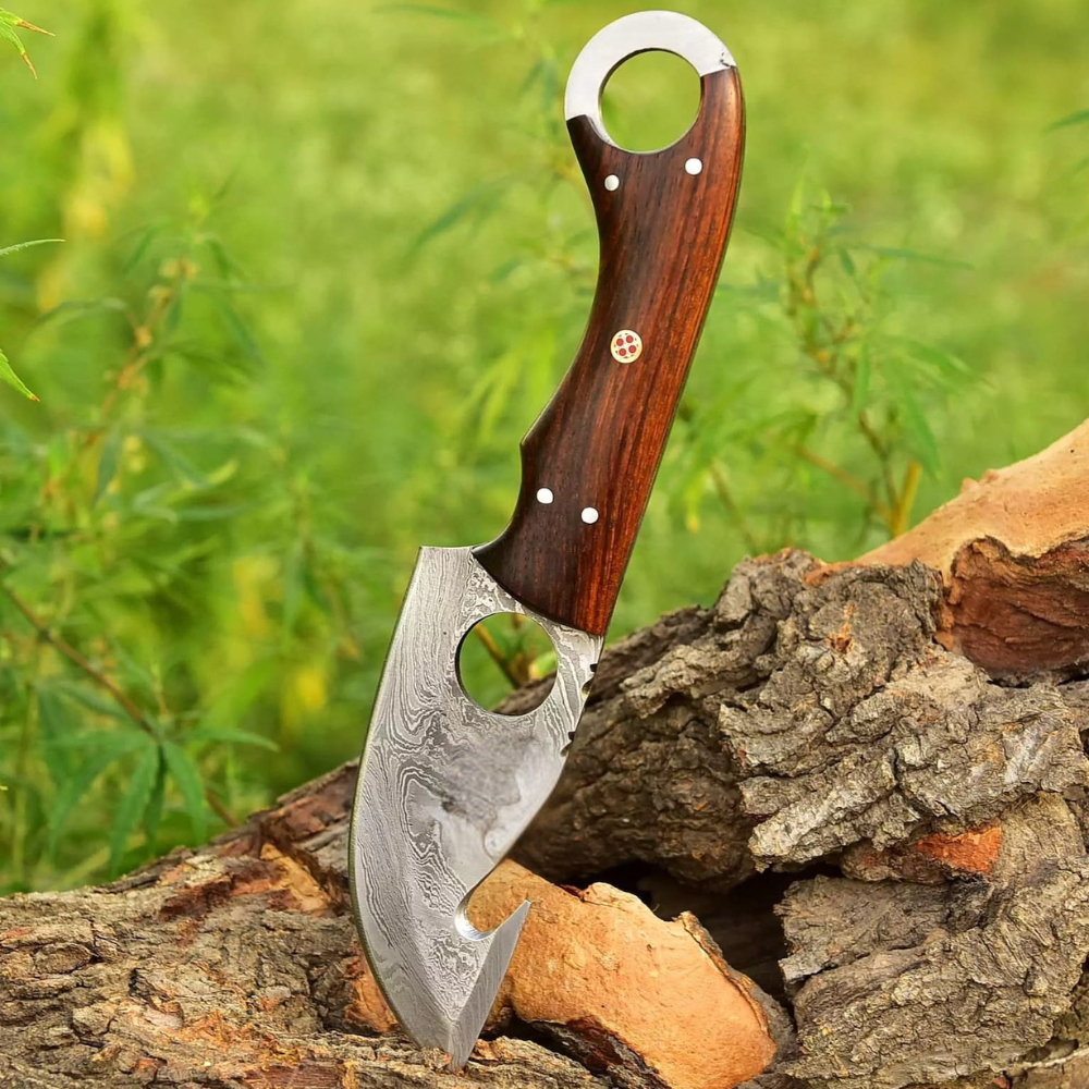 Full Tang Damascus Skinning Knife Gut Hook Blade
