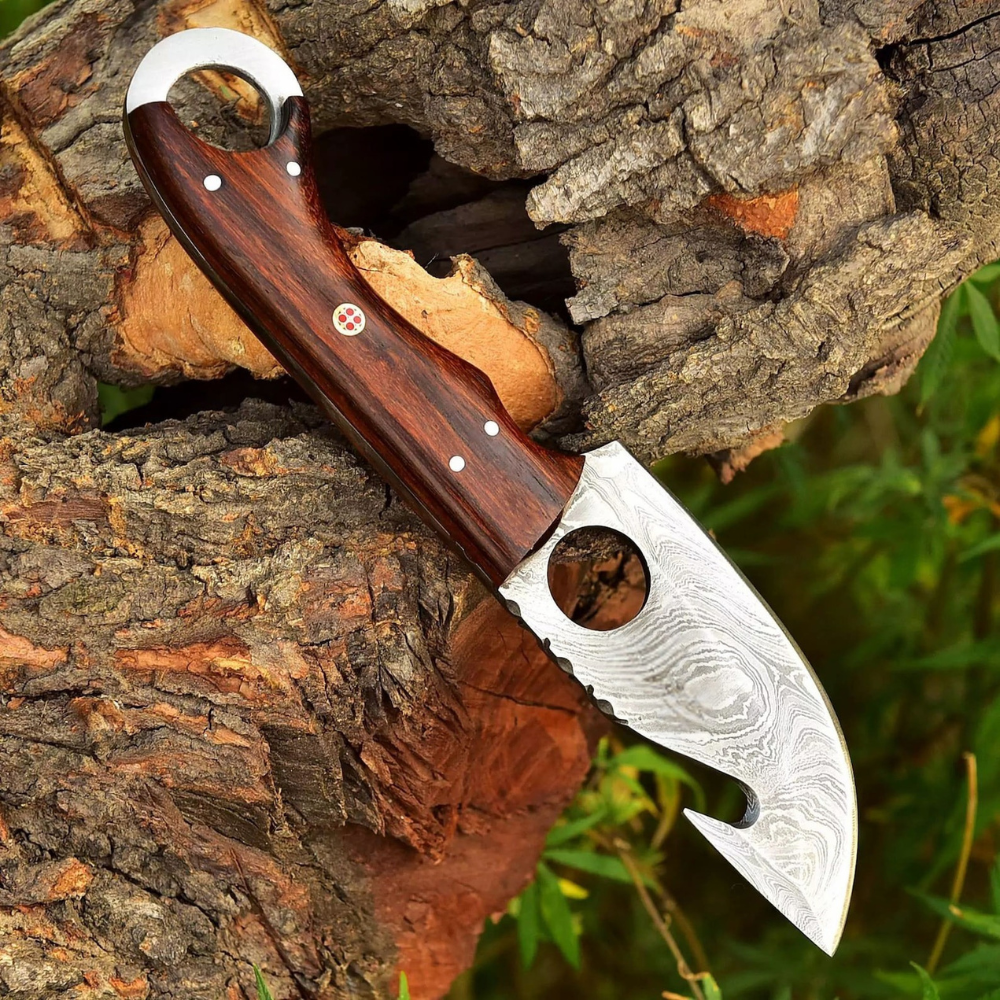 Full Tang Damascus Skinning Knife Gut Hook Blade