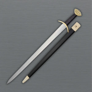 Decorative sword with a black sheath on a gray background