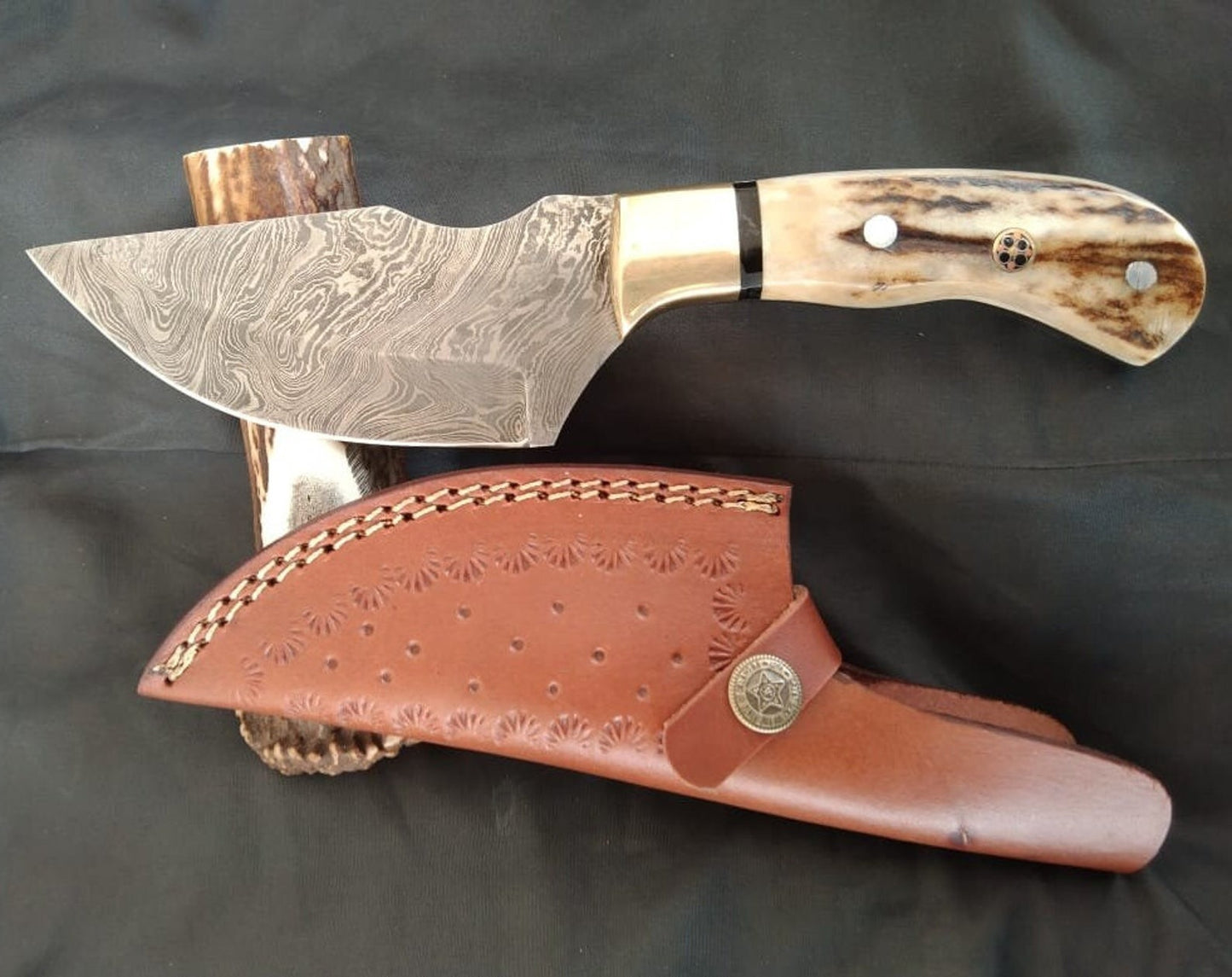 Damascus Steel Skinning 8" Knife with Stag Horn Handle