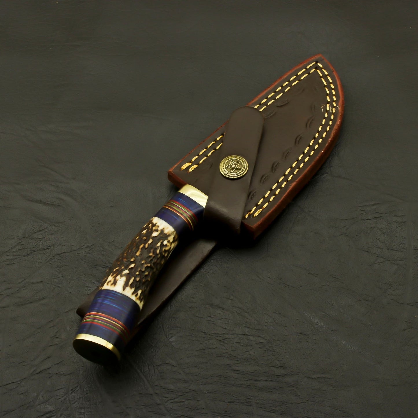 Custom Made Damascus Skinner 8" Knife Antler Handle & Sheath