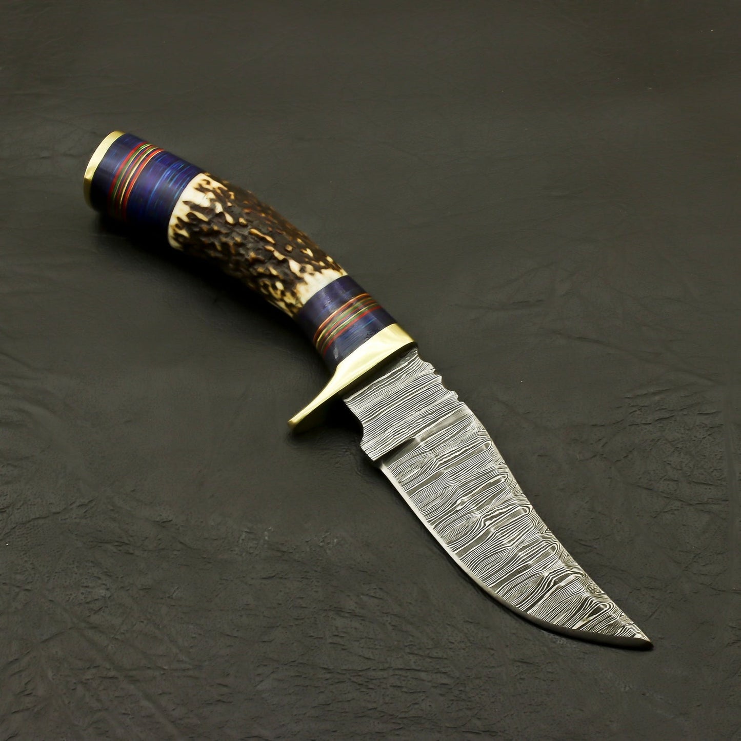 Custom Made Damascus Skinner 8" Knife Antler Handle & Sheath