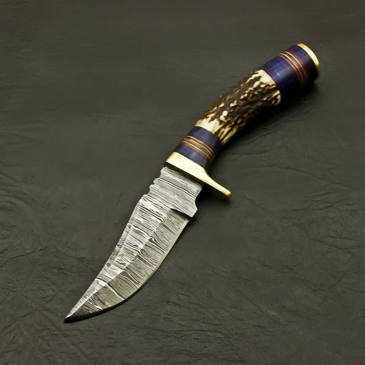 Custom Made Damascus Skinner 8" Knife Antler Handle & Sheath