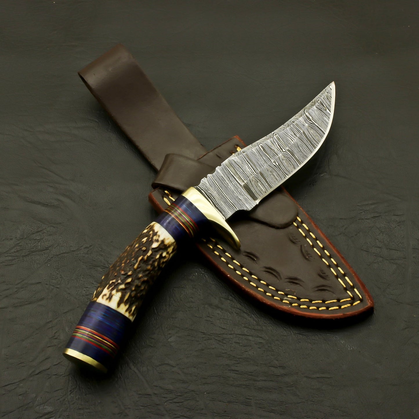 Custom Made Damascus Skinner 8" Knife Antler Handle & Sheath