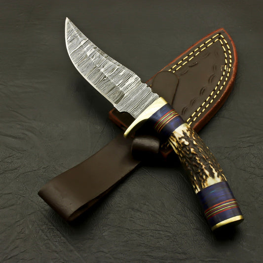 Custom Made Damascus Skinner 8" Knife Antler Handle & Sheath