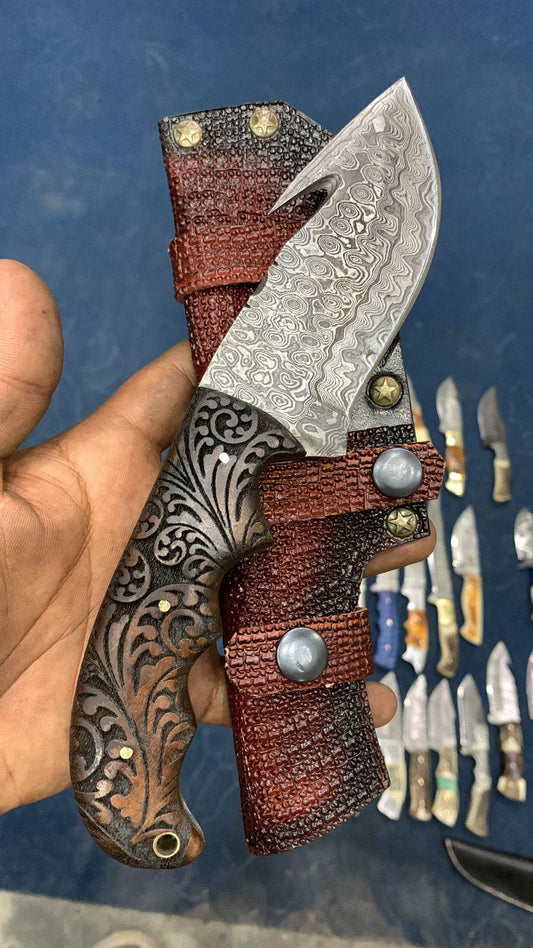 Gut Hook Damascus Skinner 9" Knife Camping Gift For Dad