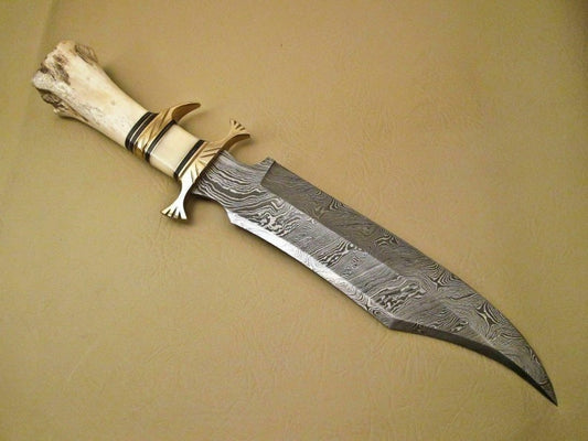 Handmade Damascus Hunting 16" Knife with Camel Bone Grip