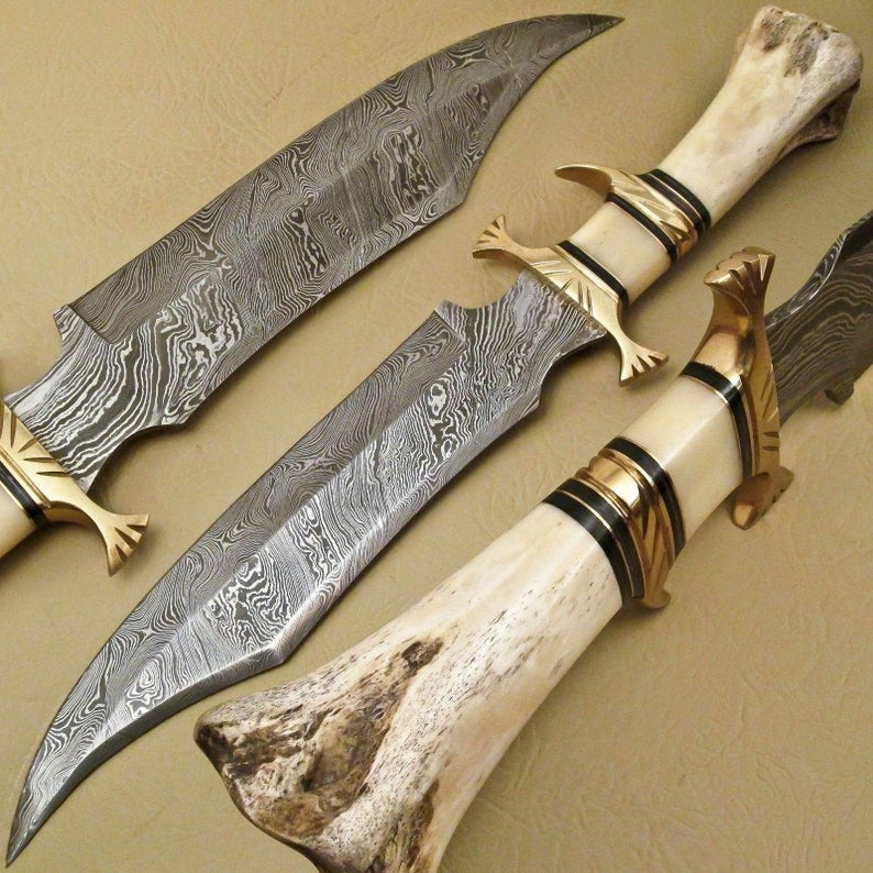Handmade Damascus Hunting 16" Knife with Camel Bone Grip